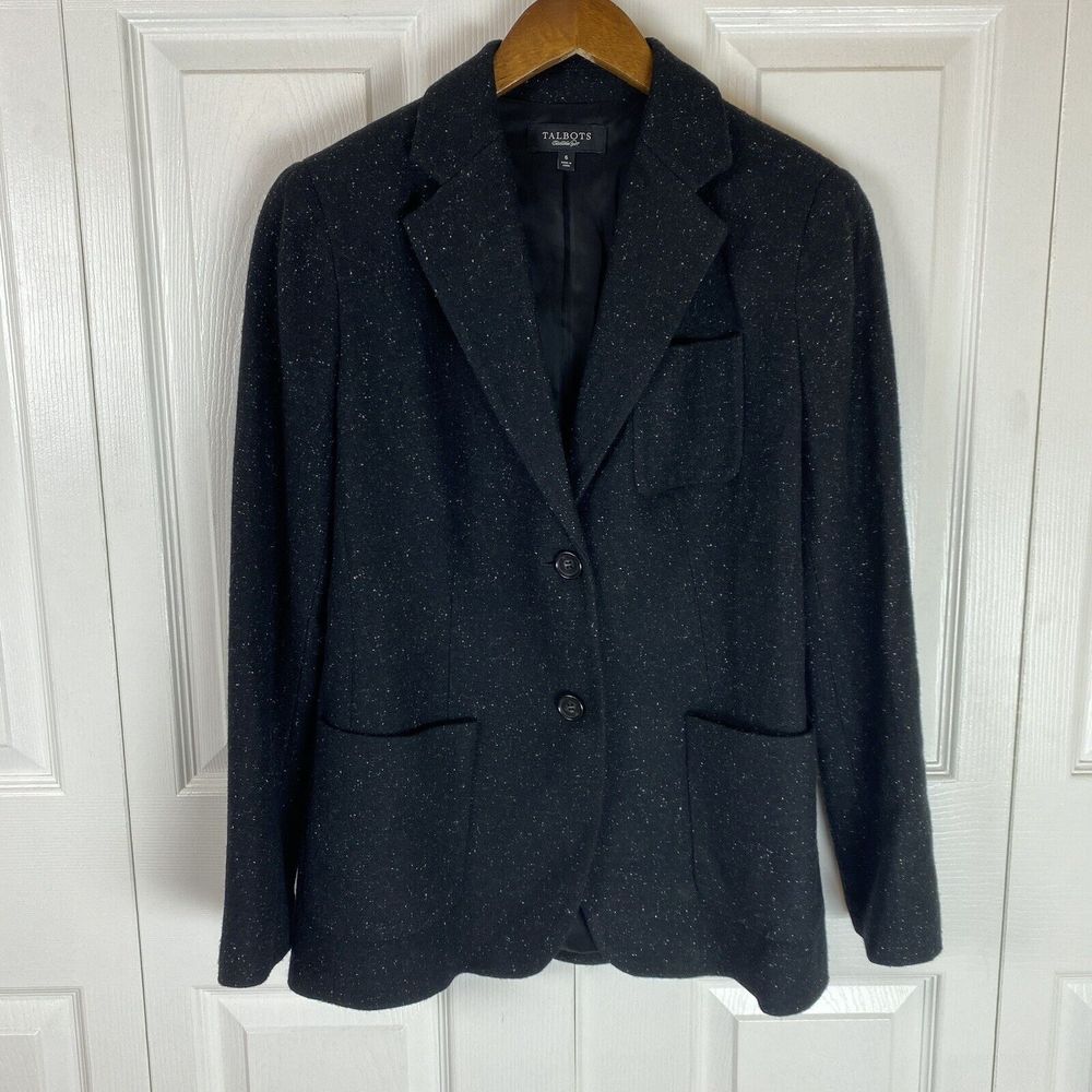 Talbots 6 Charcoal Gray Blazer Jacket Wool Blend Button Single Breasted V-neck